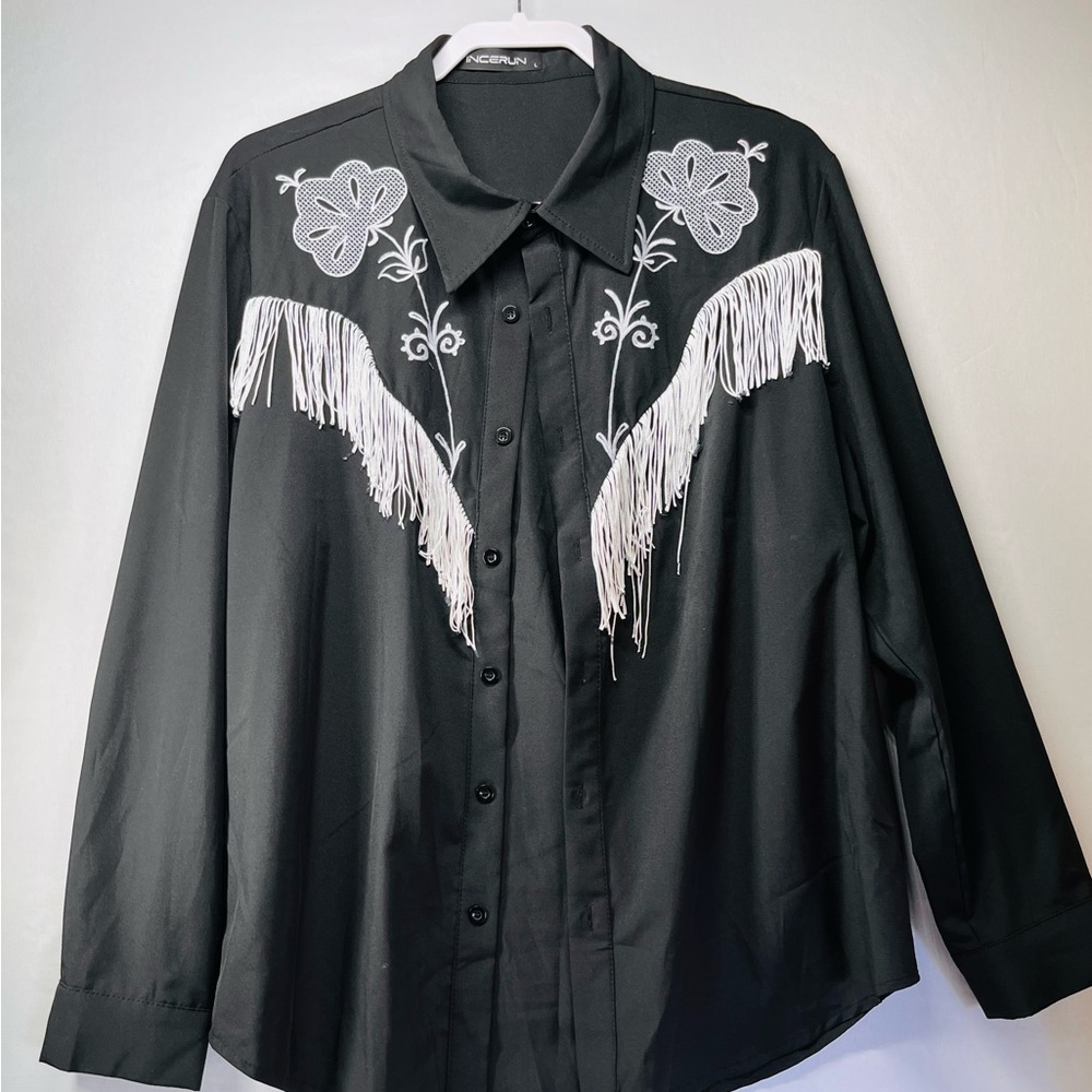 Black Embroidered Casual Button Down Shirt‎